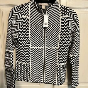 Banana Republic Zipper Cardigan Sweater Black Zig Zag Pattern Heavy Cashmere SzS